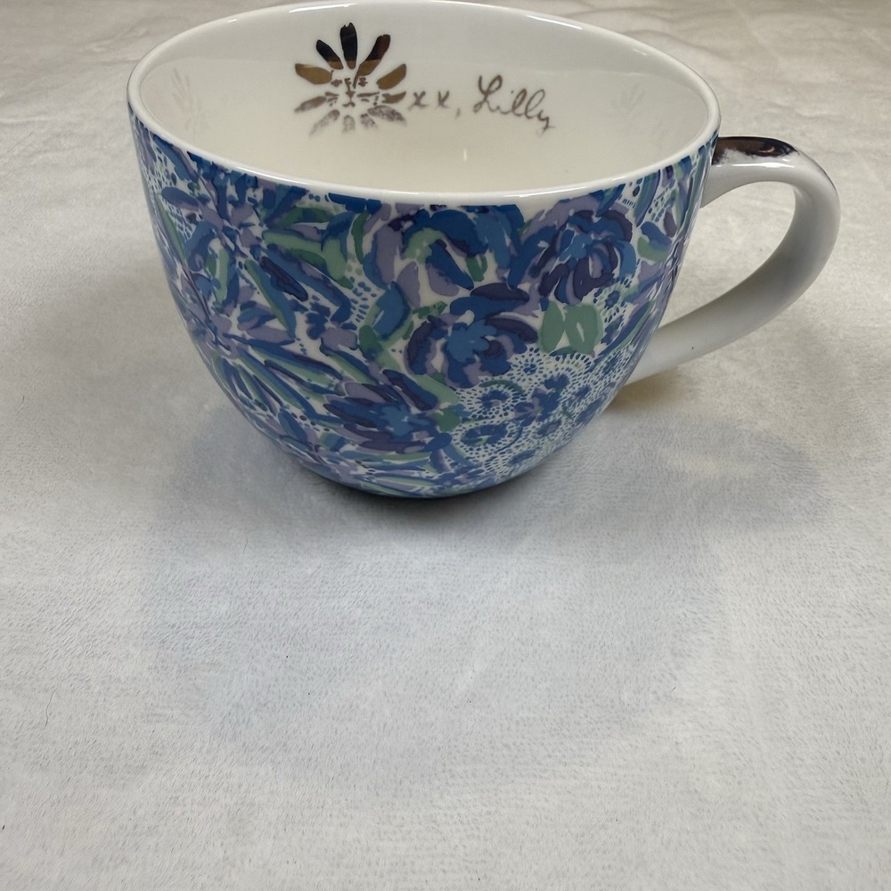 Lilly Pulitzer Ceramic Mug Blue Floral Lion Around Gold Handle 12 Oz Coffee Cup